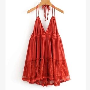 Rust Colored Flowy Open Back Layered Halter Dress - NWOT
